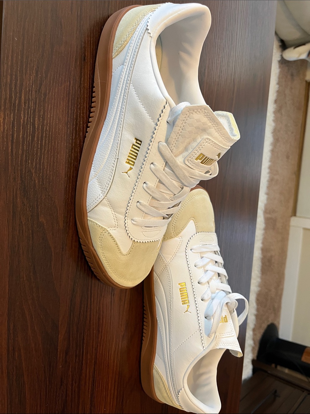 Puma White and Beige Low-Top Sneakers with Gold Logo